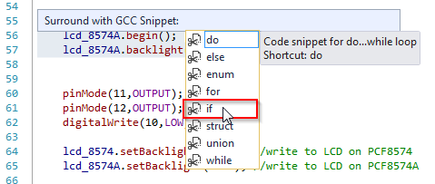 Surround with (code snippets) in Visual Micro for Atmel Studio
